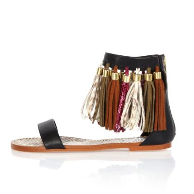 Black and brown tassel sandals